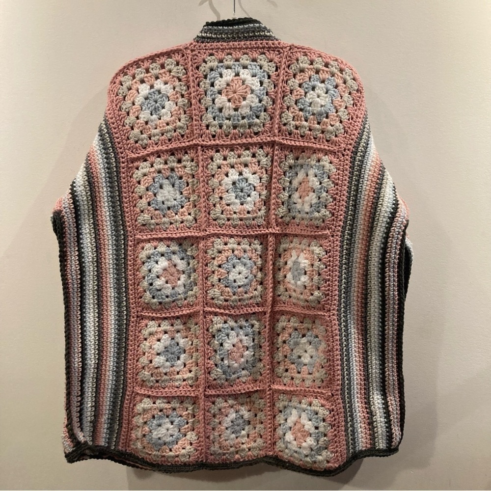 HANDMADE Sz L-XL Granny Square Motif Oversized Open Front Cardigan - Picture 6 of 6